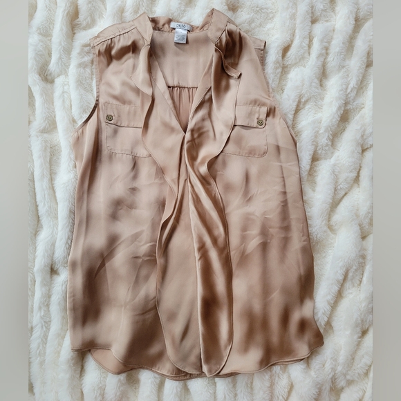 Cache Soft Beige Sleeveless Blouse Womens Small Silky Shiny Pockets - Picture 1 of 10